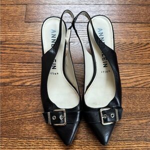 Anne Klein iFlex Black Leather Slingback Heels Buckle Pointed Toe Size 8.5